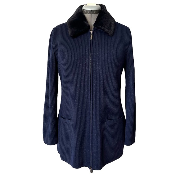 Escada Sweaters - Escada zip sweater jacket faux fur collar EU40